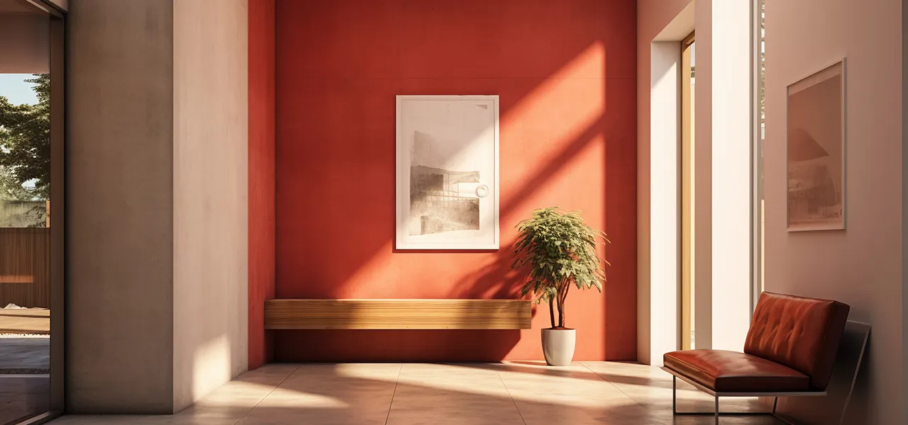 Sunlit interior with red accent wall